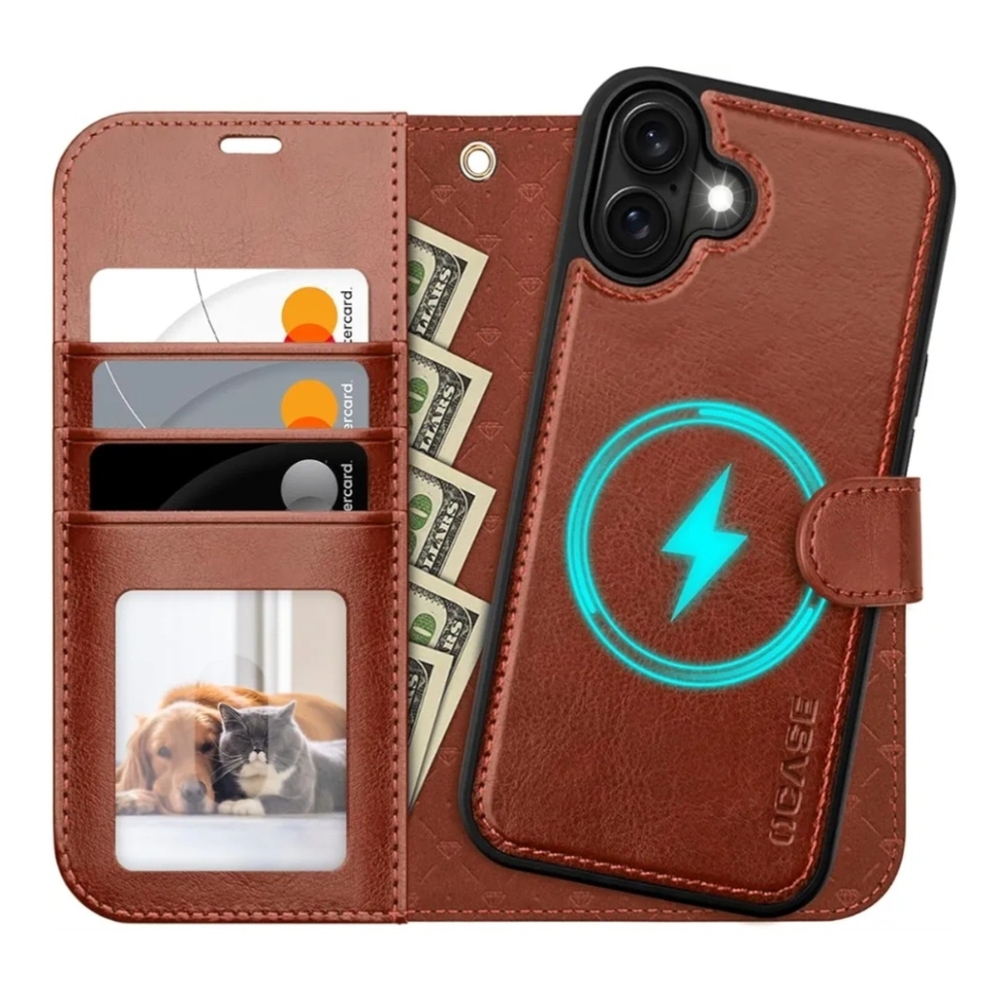 Detachable Wallet Case for iPhone 16 RFID Blocking Card Slot Holder Brown  6.1"